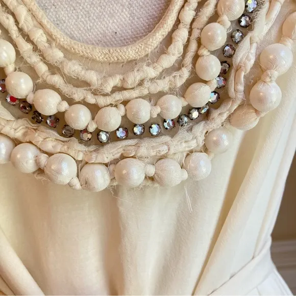 STELLA MCCARTNEY Cream Rhinestone Pearl Embellished Cotton Silk Fit Flare Dress