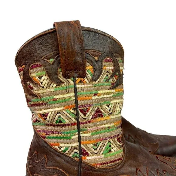 Stetson Raffia Shortie Western Boot in Whiskey Leather and Woven Raffia, size 7M