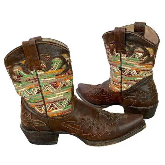 Stetson Raffia Shortie Western Boot in Whiskey Leather and Woven Raffia, size 7M