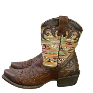 Stetson Raffia Shortie Western Boot in Whiskey Leather and Woven Raffia, size 7M