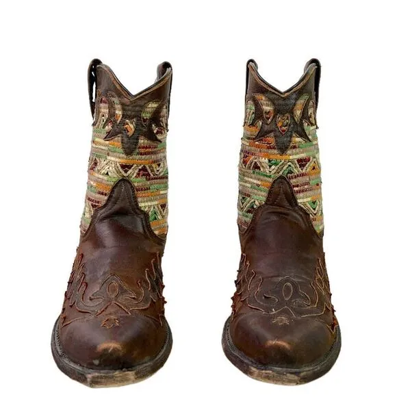 Stetson Raffia Shortie Western Boot in Whiskey Leather and Woven Raffia, size 7M