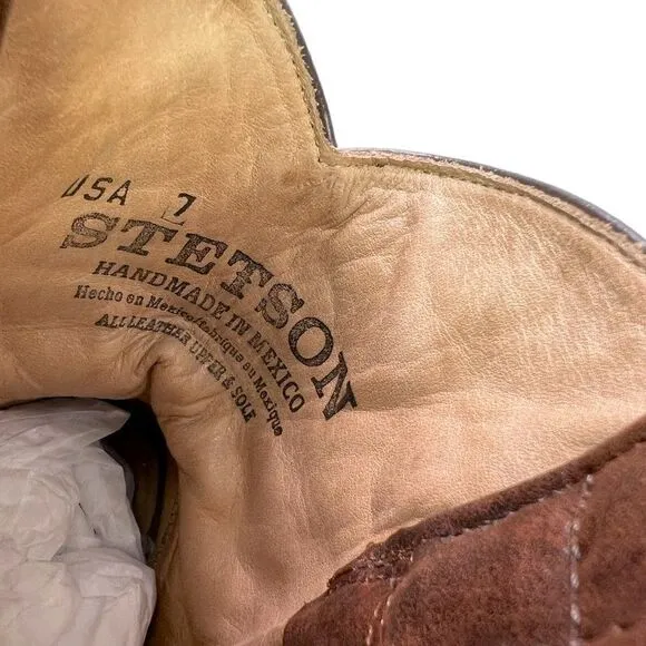 Stetson Raffia Shortie Western Boot in Whiskey Leather and Woven Raffia, size 7M