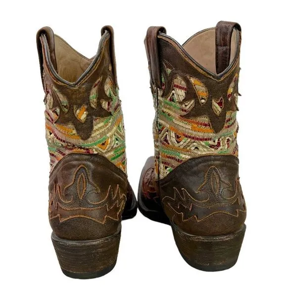 Stetson Raffia Shortie Western Boot in Whiskey Leather and Woven Raffia, size 7M