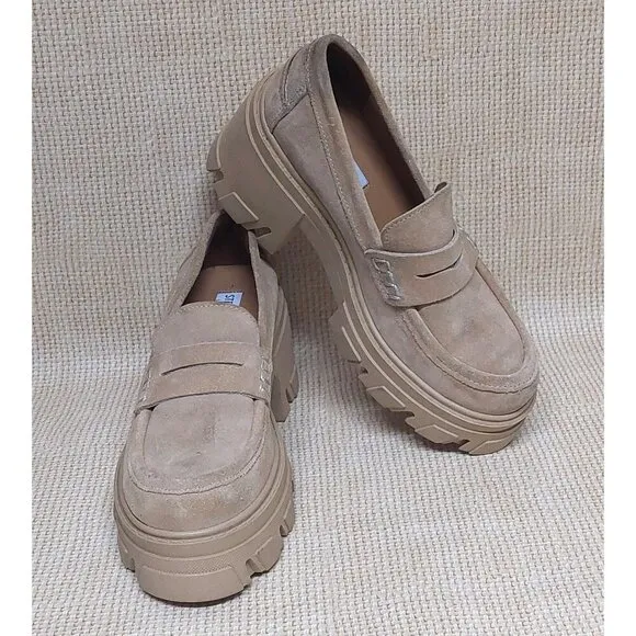 Steve Madden Beth Loafers Chunky Y2K Suede Leather Tan Platform Shoes Size 6.5