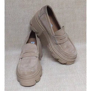 Steve Madden Beth Loafers Chunky Y2K Suede Leather Tan Platform Shoes Size 6.5