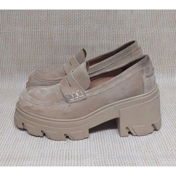 Steve Madden Beth Loafers Chunky Y2K Suede Leather Tan Platform Shoes Size 6.5