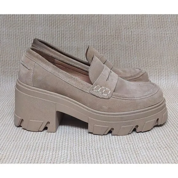 Steve Madden Beth Loafers Chunky Y2K Suede Leather Tan Platform Shoes Size 6.5