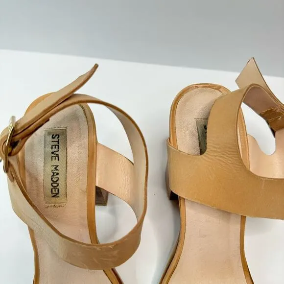 Steve Madden Blaair Open Toe Sandals Ankle Strap Block Heel Tan Color Size 10M