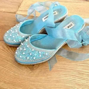 Steve Madden Blue Beaded Espadrilles Tie Up Wedges