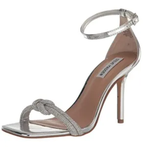 Steve Madden Confeti Silver Womens 8 Ankle Strap Open Squared Toe Heeled Sandals