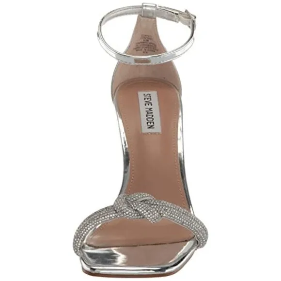 Steve Madden Confeti Silver Womens 8 Ankle Strap Open Squared Toe Heeled Sandals
