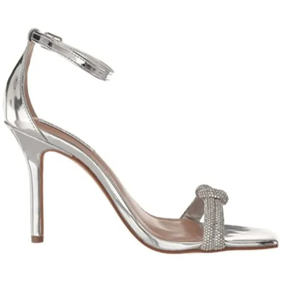 Steve Madden Confeti Silver Womens 8 Ankle Strap Open Squared Toe Heeled Sandals