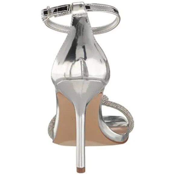Steve Madden Confeti Silver Womens 8 Ankle Strap Open Squared Toe Heeled Sandals