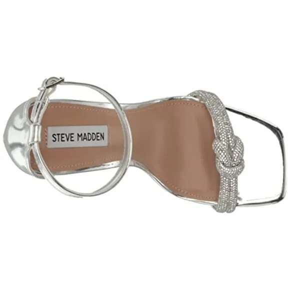 Steve Madden Confeti Silver Womens 8 Ankle Strap Open Squared Toe Heeled Sandals