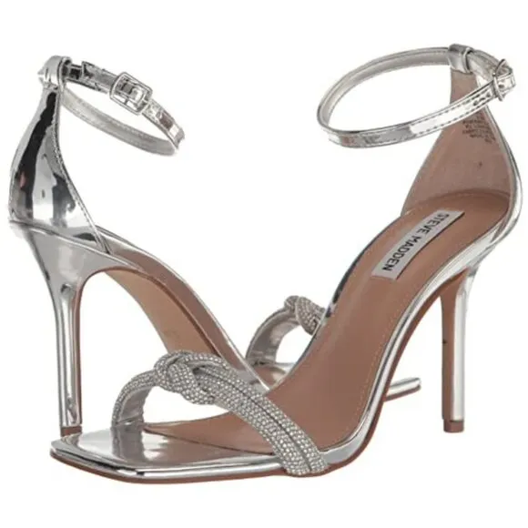 Steve Madden Confeti Silver Womens 8 Ankle Strap Open Squared Toe Heeled Sandals