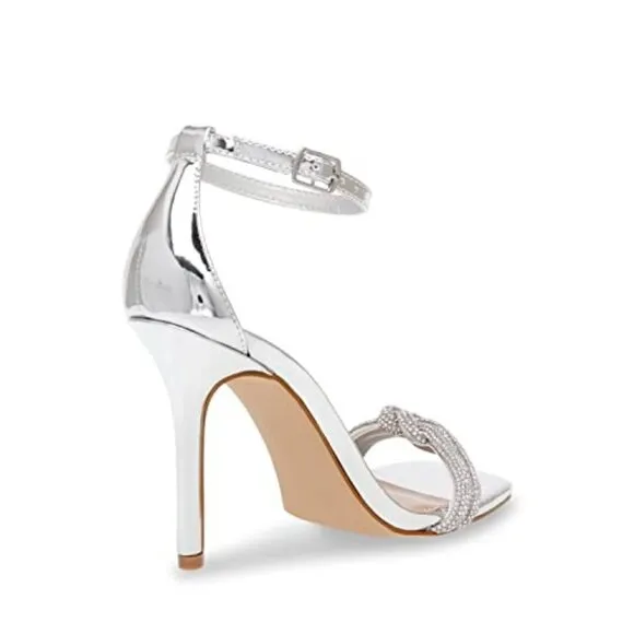 Steve Madden Confeti Silver Womens 8 Ankle Strap Open Squared Toe Heeled Sandals