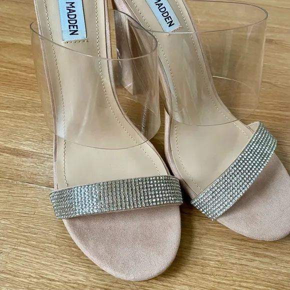 Steve Madden New Jubilee Suede Rhinestone Clear Lucite Strap Sandals Heels 7.5