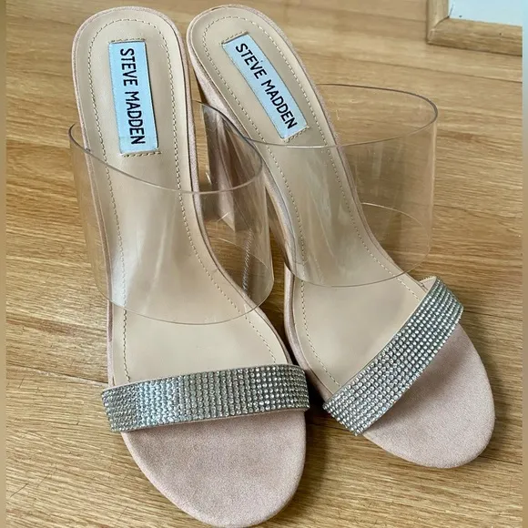 Steve Madden New Jubilee Suede Rhinestone Clear Lucite Strap Sandals Heels 7.5