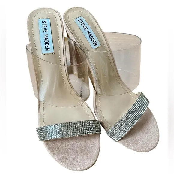 Steve Madden New Jubilee Suede Rhinestone Clear Lucite Strap Sandals Heels 7.5