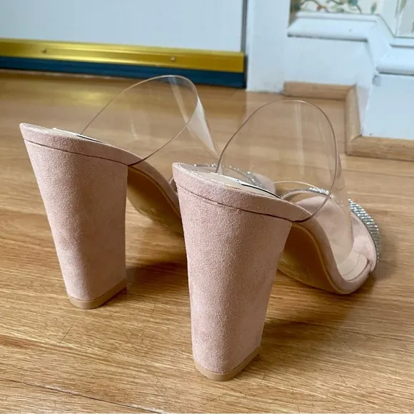 Steve Madden New Jubilee Suede Rhinestone Clear Lucite Strap Sandals Heels 7.5