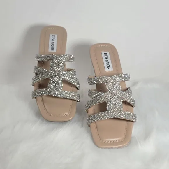 Steve Madden Rhinestone Embellished Sandals, Silver and Nude -- Size 6