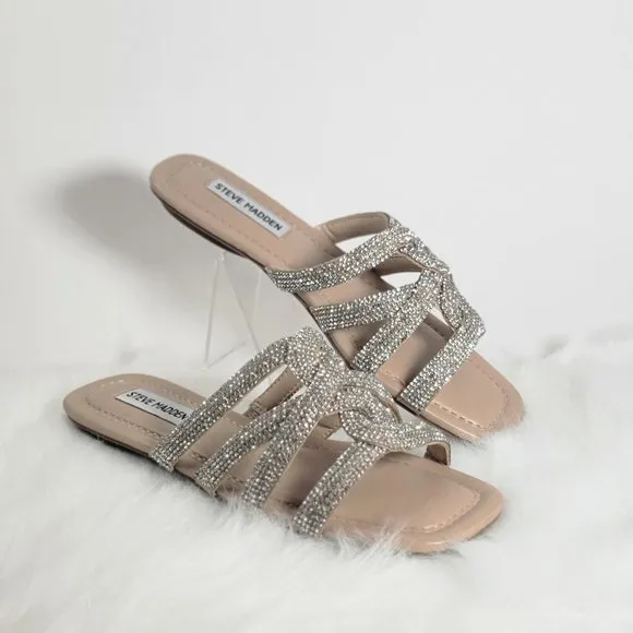 Steve Madden Rhinestone Embellished Sandals, Silver and Nude -- Size 6