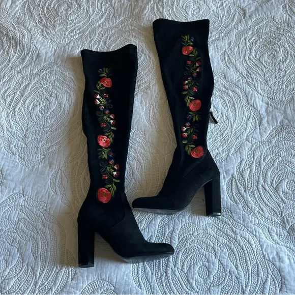 Steven Madden - Envoke Black Suede Embroidered Over the Knee Boots