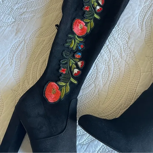 Steven Madden - Envoke Black Suede Embroidered Over the Knee Boots
