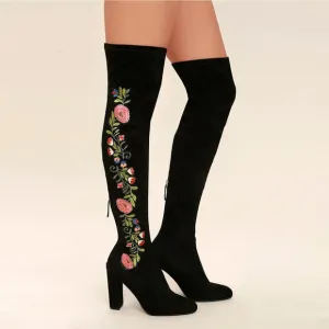 Steven Madden - Envoke Black Suede Embroidered Over the Knee Boots