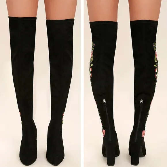 Steven Madden - Envoke Black Suede Embroidered Over the Knee Boots