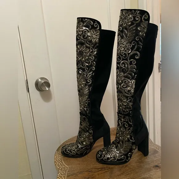 Stuart Weitzman Alljill Sequin Black Velvet 5050 Knee High Heeled go-go Boot