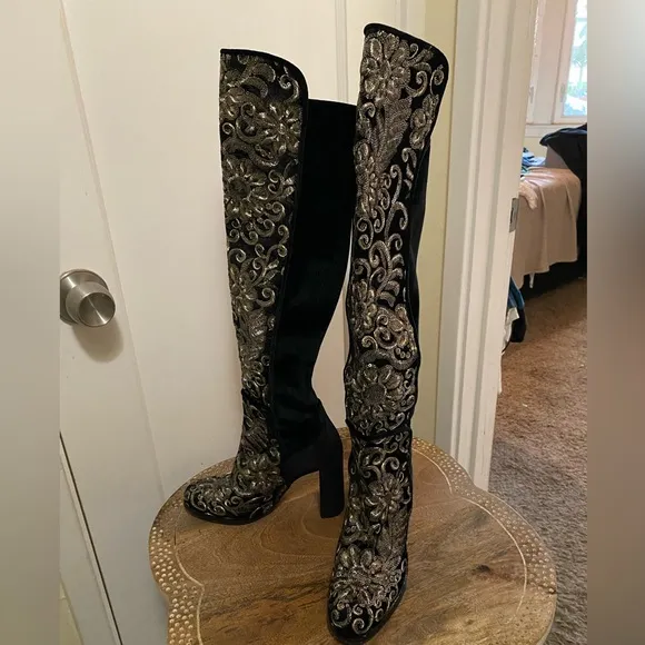 Stuart Weitzman Alljill Sequin Black Velvet 5050 Knee High Heeled go-go Boot