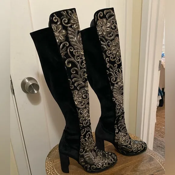 Stuart Weitzman Alljill Sequin Black Velvet 5050 Knee High Heeled go-go Boot