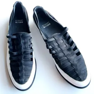 Stuart Weitzman Black &amp; White Leather &amp; Suede Woven Sneakers Loafers Flat Shoes