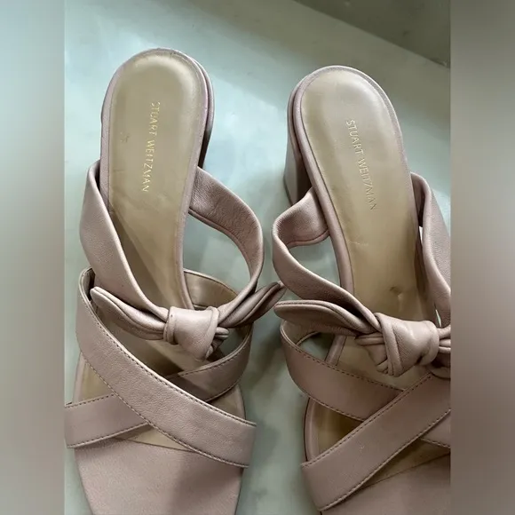 Stuart Weitzman Bow Detail Nude Pink Block Heel Sandals