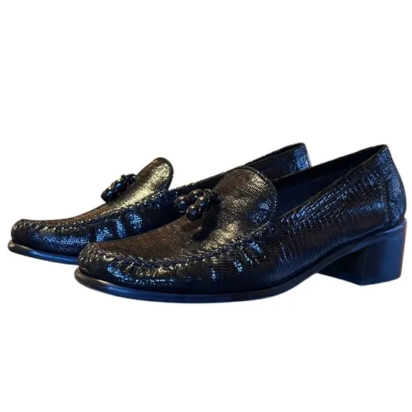 Stuart Weitzman Embossed Snakeskin Loafer Womens Tassel Block Lug Heel Sz 8.5 B