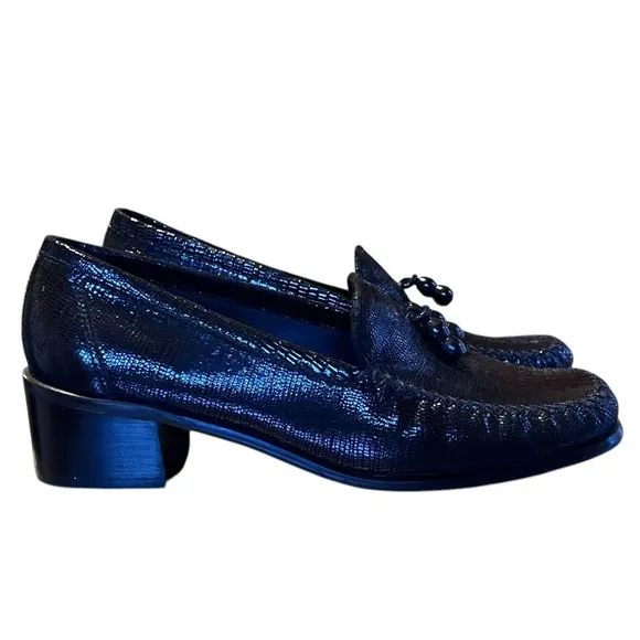 Stuart Weitzman Embossed Snakeskin Loafer Womens Tassel Block Lug Heel Sz 8.5 B