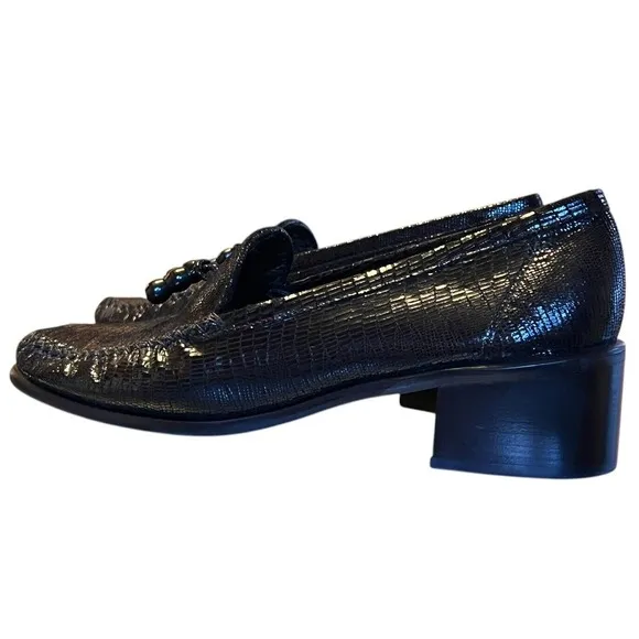 Stuart Weitzman Embossed Snakeskin Loafer Womens Tassel Block Lug Heel Sz 8.5 B