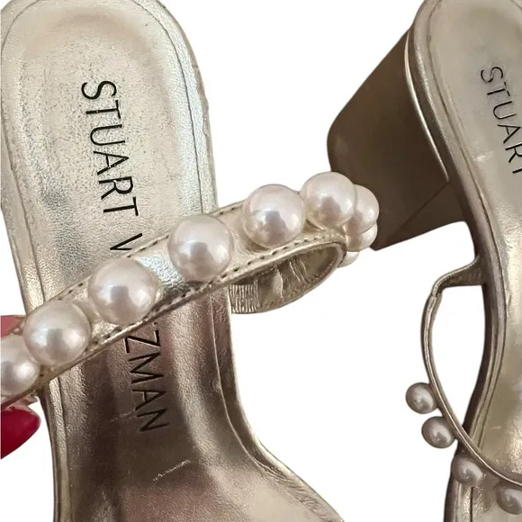 Stuart Weitzman Goldie 60 Block Slide US 9 Gold Heel Sandals Pearl Detail $495