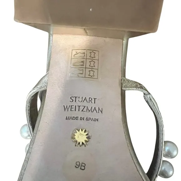 Stuart Weitzman Goldie 60 Block Slide US 9 Gold Heel Sandals Pearl Detail $495