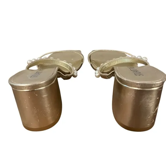 Stuart Weitzman Goldie 60 Block Slide US 9 Gold Heel Sandals Pearl Detail $495