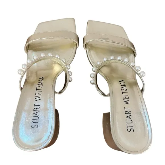 Stuart Weitzman Goldie 60 Block Slide US 9 Gold Heel Sandals Pearl Detail $495