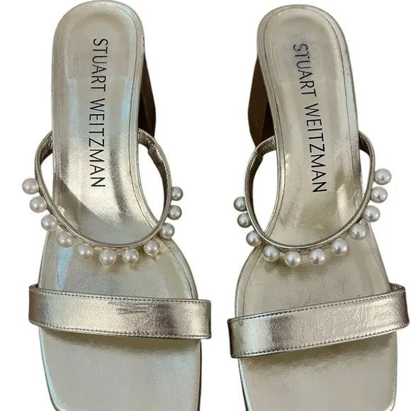 Stuart Weitzman Goldie 60 Block Slide US 9 Gold Heel Sandals Pearl Detail $495