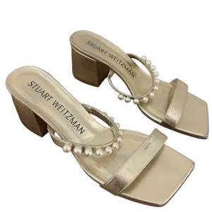 Stuart Weitzman Goldie 60 Block Slide US 9 Gold Heel Sandals Pearl Detail $495