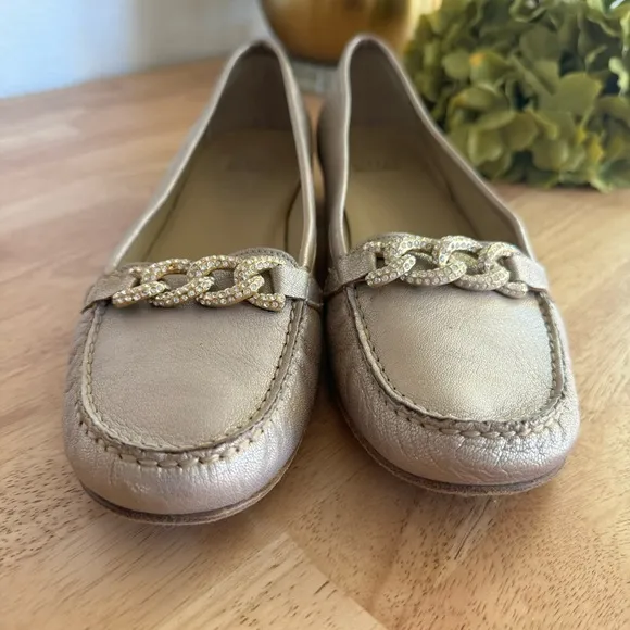 Stuart Weitzman Lightly Gold Metallic Flats Moccasins Size 10.5
