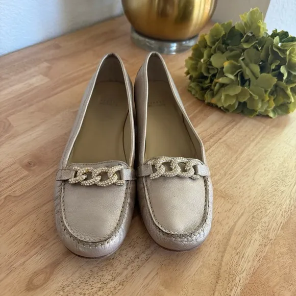 Stuart Weitzman Lightly Gold Metallic Flats Moccasins Size 10.5