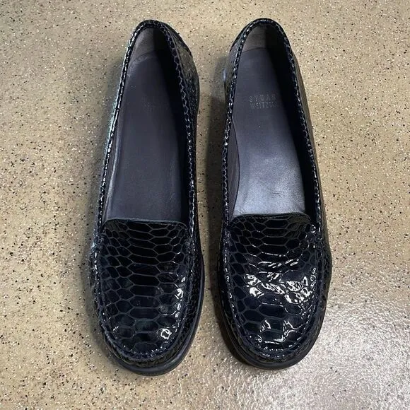 Stuart Weitzman Snake Embossed Patent Leather Moccasin Toe Loafers 7.5 Black