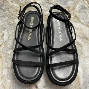 Stuart Weitzman Summerlift Calfskin Ankle-Strap Flatform Sandals Black Suede