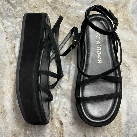 Stuart Weitzman Summerlift Calfskin Ankle-Strap Flatform Sandals Black Suede
