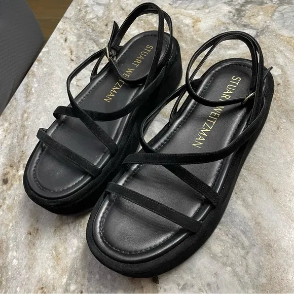 Stuart Weitzman Summerlift Calfskin Ankle-Strap Flatform Sandals Black Suede